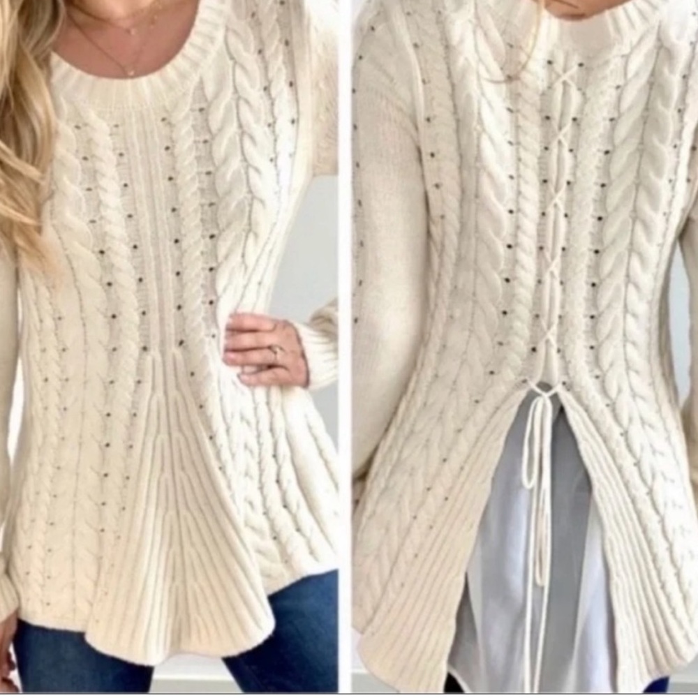 CAbi 3157 size Small Lace Up Cable Knit Sweater in Cream Cotton Blend
